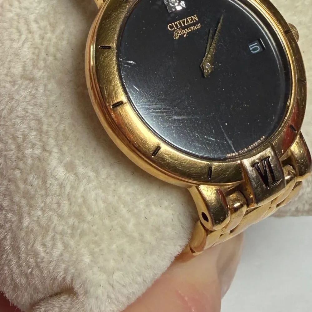 Citizen Elegance Women's Gold Tone Quartz Watch Black Dial Date Japan AS IS